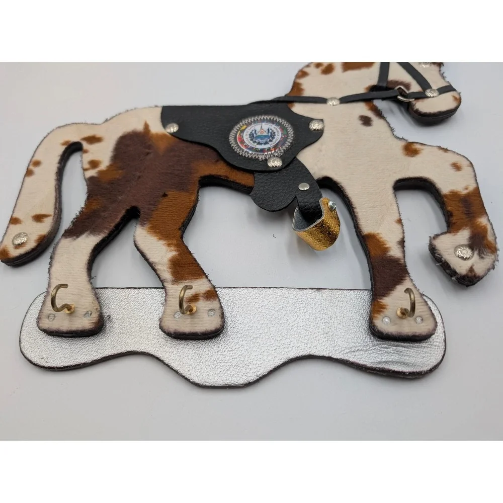 Vintage El Salvador Horse Key Rack Cowhide Leather Wall Decor Western Souvenir